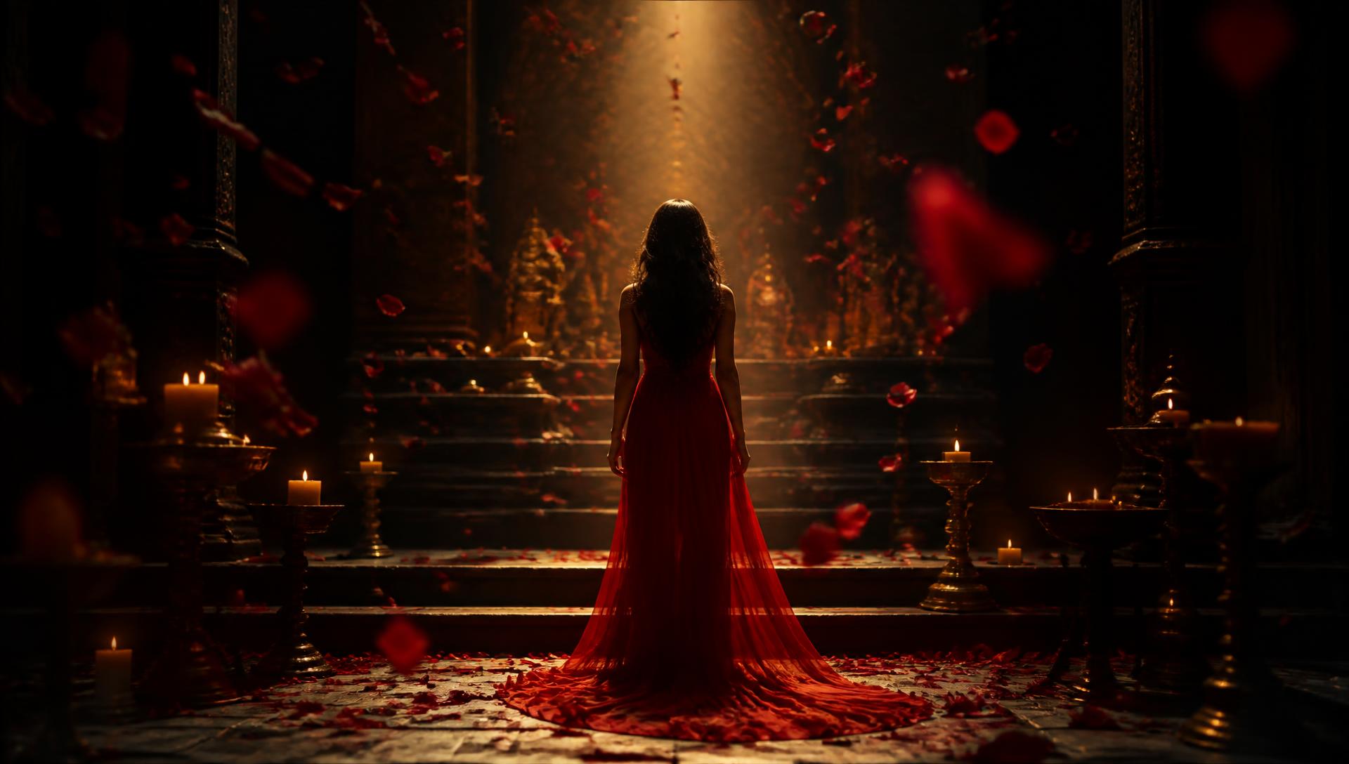 Mulher de vestido vermelho diante de um altar iluminado por velas e pétalas de rosa
